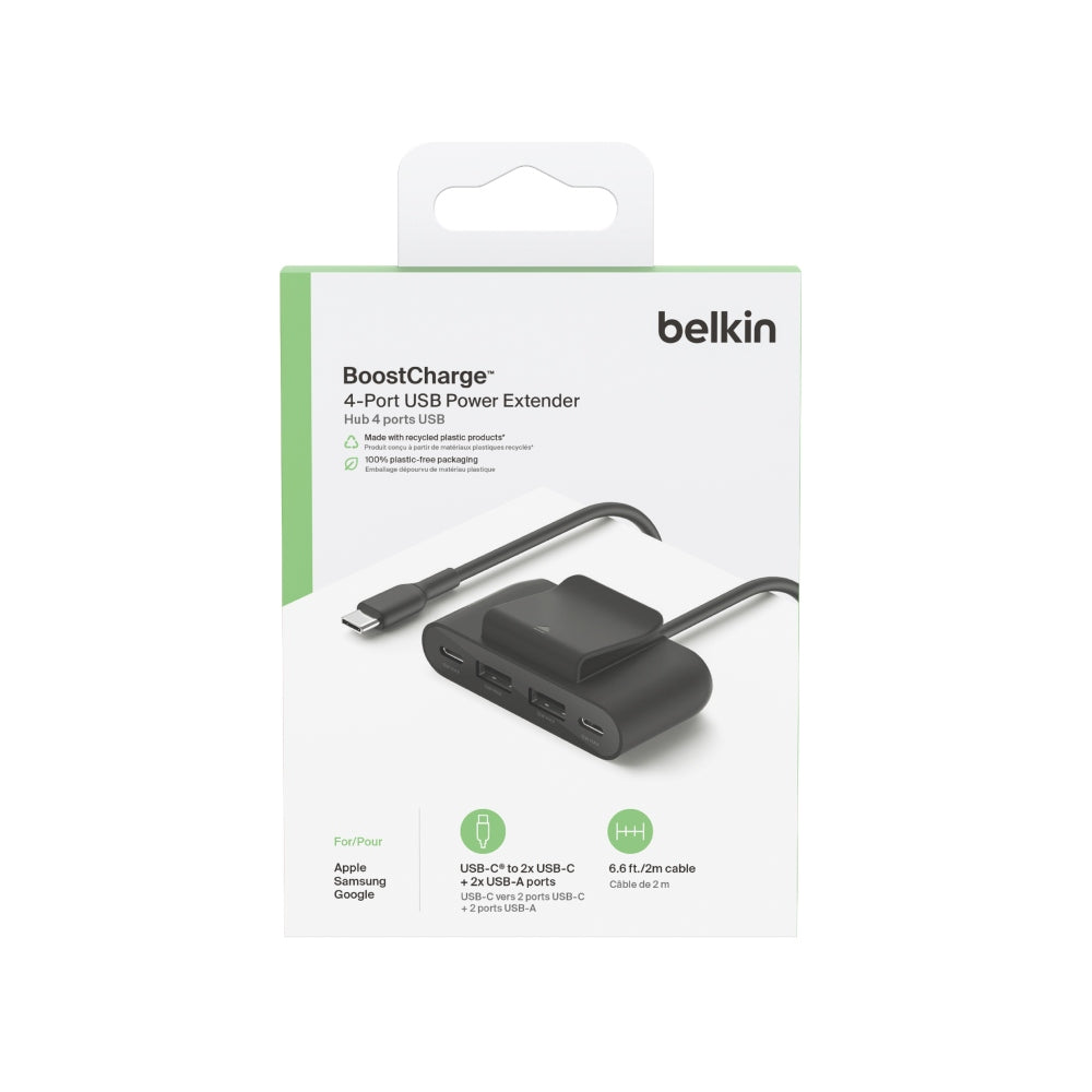  OPEN BOX - Belkin 4-Port USB Power Extender, 2m Cable, 2 USB-C & 2 USB-A Ports, 30W