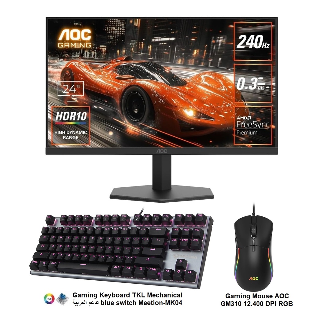 AOC Monitor 240HZ 0.3MS IPS + Gaming Keyboard Mechanical blue switch RGB + AOC Gaming Mouse 12400 DPI RGB