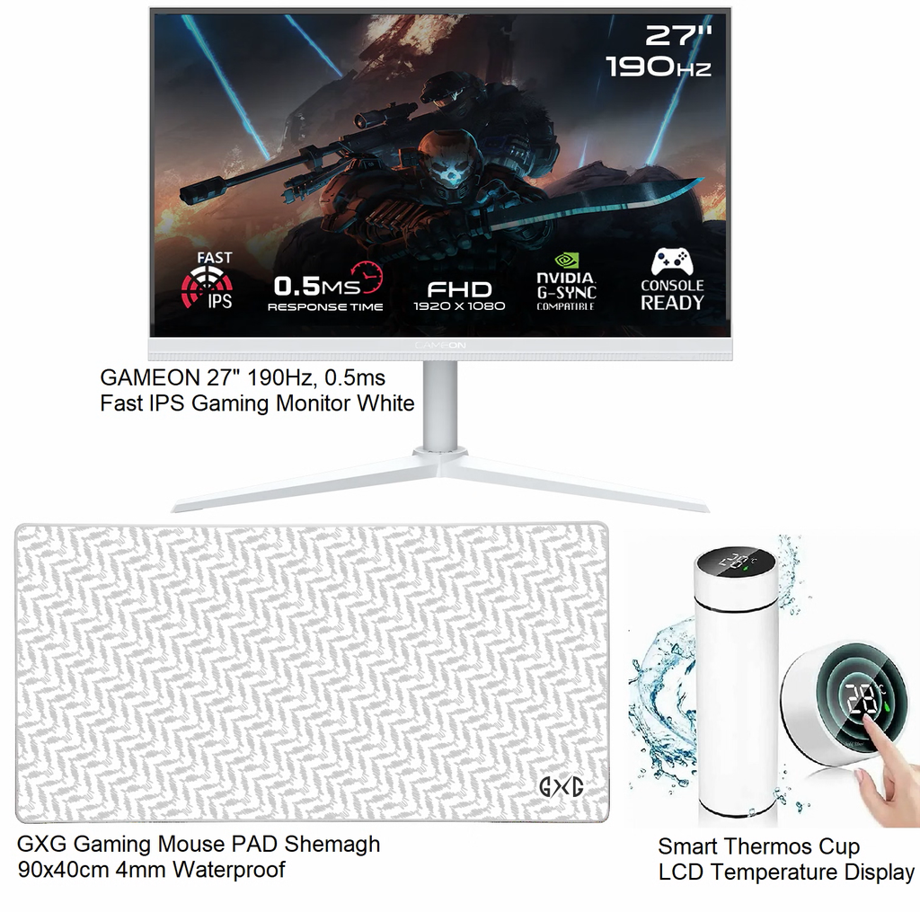 GAMEON 27" White 190Hz, 0.5ms, Fast IPS Gaming Monitor + Smart Cup LCD Temperature Display + GXG Gaming Mouse PAD Shemagh white 90x40cm 4mm