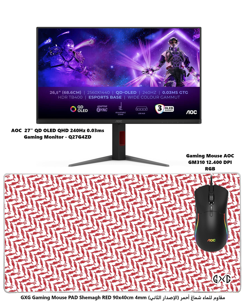AOC 27" OLED QHD 240Hz 0.03ms & Gaming Mouse AOC 12000 DPI & GXG Gaming Mouse PAD Shemagh RED