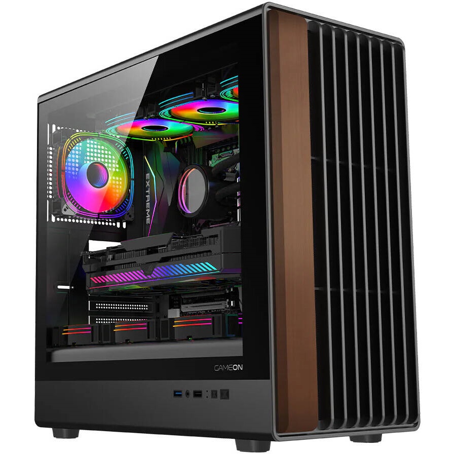GAMEON Timber Midnight Series Mid Tower Gaming Case, 7x 120mm Pre-Installed ARGB+PWM Fans Wood/Black | GO-TIMBER-M