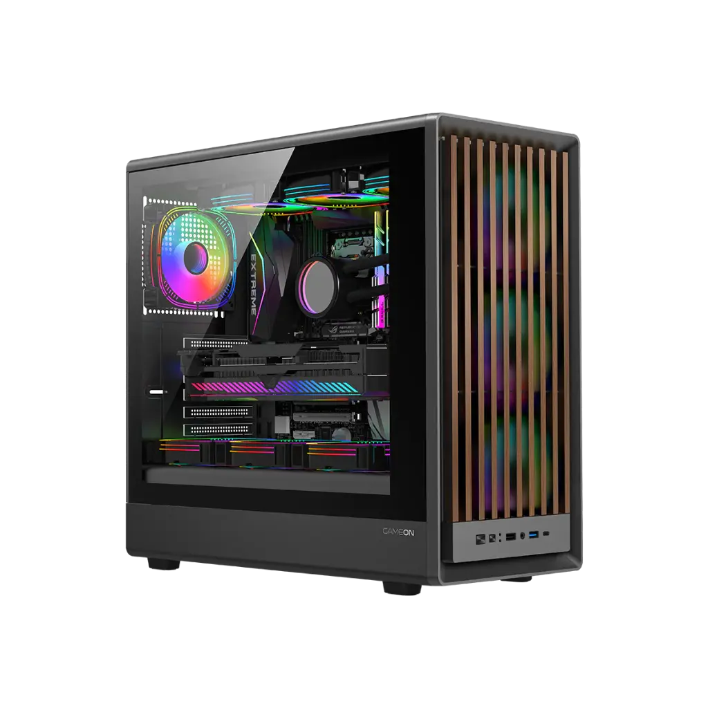 GAMEON TIMBERI Midnight Series ARGB + PWM Mid Tower Gaming Case - Wood/Black GO-TIMBERI-M