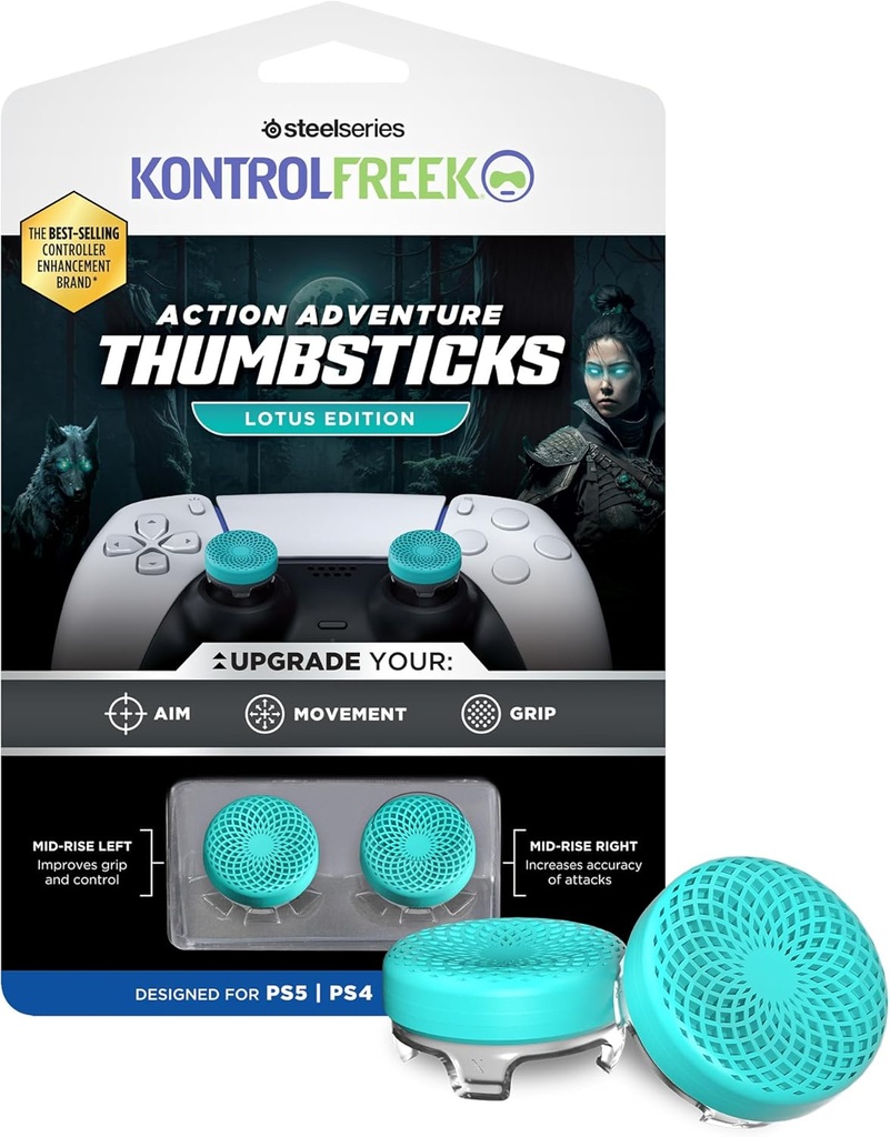 KontrolFreek Lotus for Playstation 5, PS5 and Playstation 4, PS4, Performance Thumbsticks, 2 Mid-Rise Concave, Teal/Clear 
