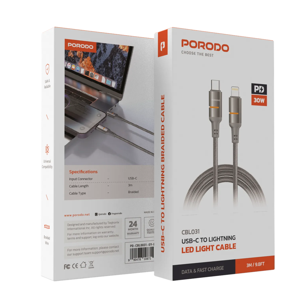 Porodo 30w Type-C To Lightning Braided Cable 3m - Grey-CBL031