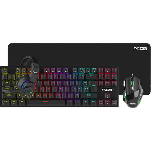 Twisted Minds 4in1 Gaming Bundle, mechanical Keyboard Blue switch, DPI Adjustable Mouse, Rainbow Static Headset, Mouse Pad TM-FUSION-XI