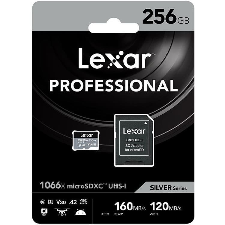Lexar 256GB Professional 1066x Micro SDXC Silver Series UHS-I Memory Card with SD Adaptor 160MBPS, LMS1066256G