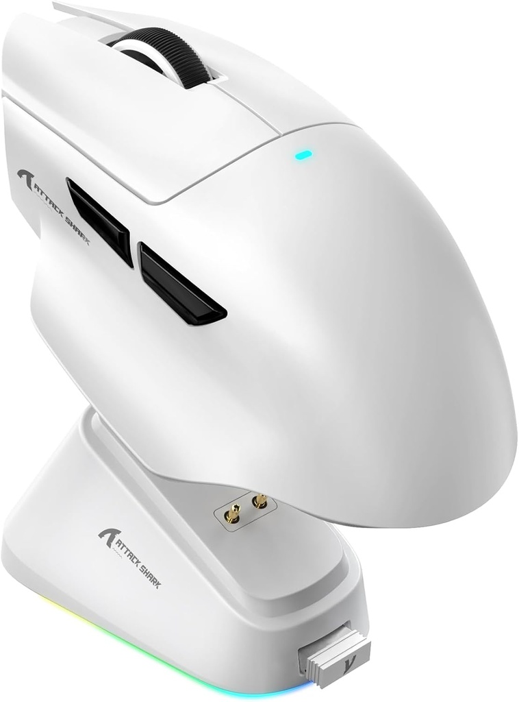 ATTACK SHARK V6 White 65g SUPERLIGHT Mouse with Magnetic Charging Dock, PixArt PAW3311 Gaming Sensor, 25000 DPI, 500 mAh Battery, BT/Wireless/Wired Ergonomic Mice with Thumb Rest, for Win11/Xbox/PS/Mac