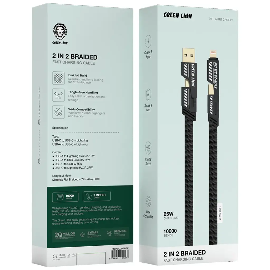 {GN2N2C2MTRBK} Green Lion 2 in 2 Braided Fast Charging Cable 65W 2M - Black