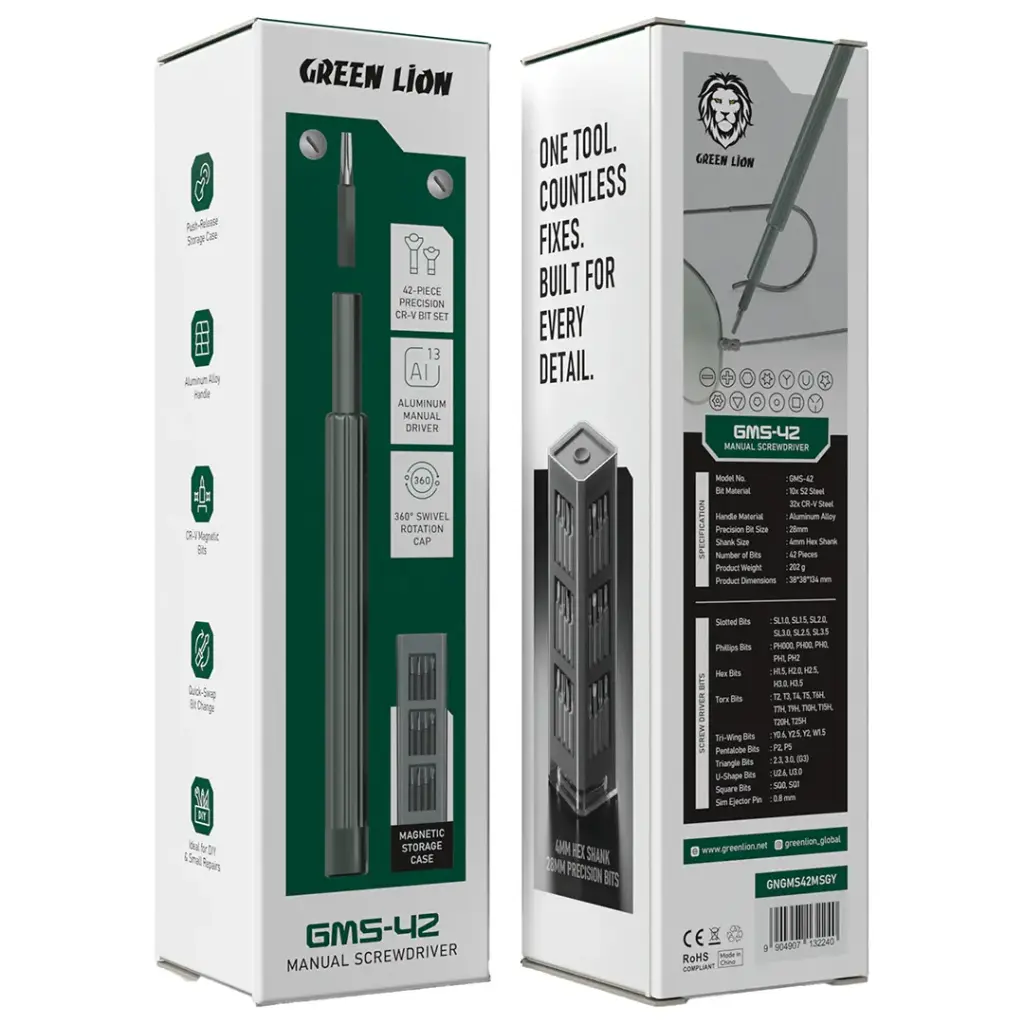 {GNGMS42MSGY} Green Lion GMS-42 Manual Screwdriver - 42 Piece CR-V Bit Set- Grey