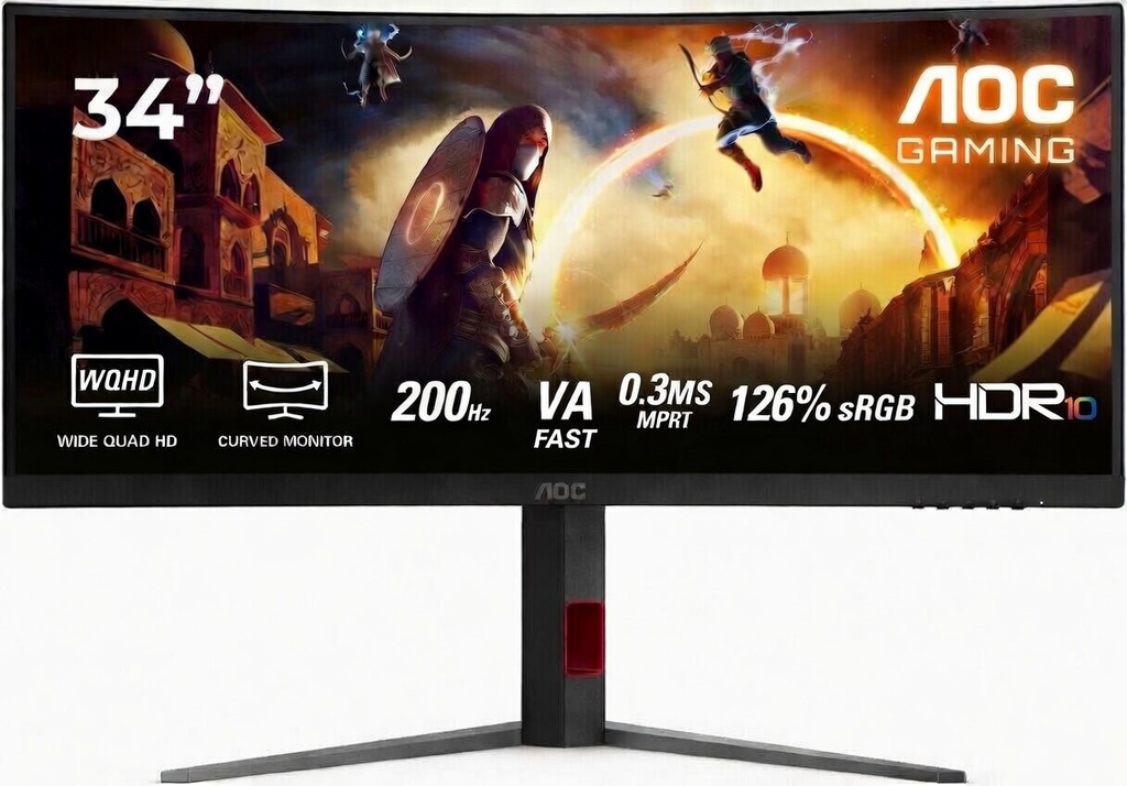 AOC 34" 200Hz 2K, 3440×1440 WQHD, 0.3ms MPRT, Fast VA, HDR10 Ready, 1500R Curvature, Curved Ultrawide Gaming Monitor | CU34G4H