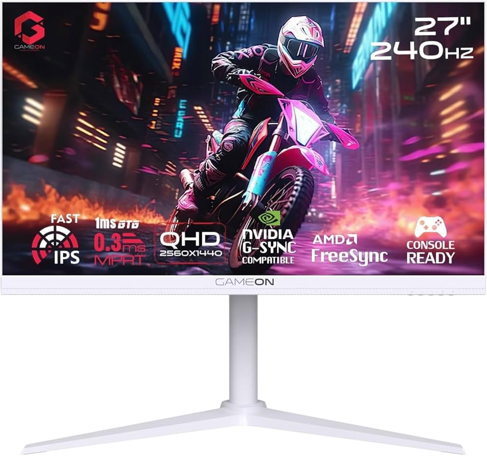 GAMEON 27" White, 2K QHD, 240Hz, 0.3ms, Fast IPS Panel, HDMI 2.1, FreeSync & G-Sync, Crosshair Assistant, HDR, PS5, Gaming Monitor GOA27QHD240IPS Arctic Pro-Series