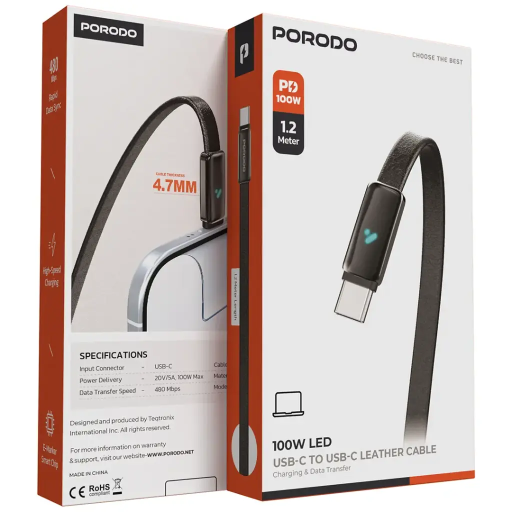 Porodo 100W LED USB-C To USB-C Leather Charging & Data Transfer Cable -PDCBL0049BK