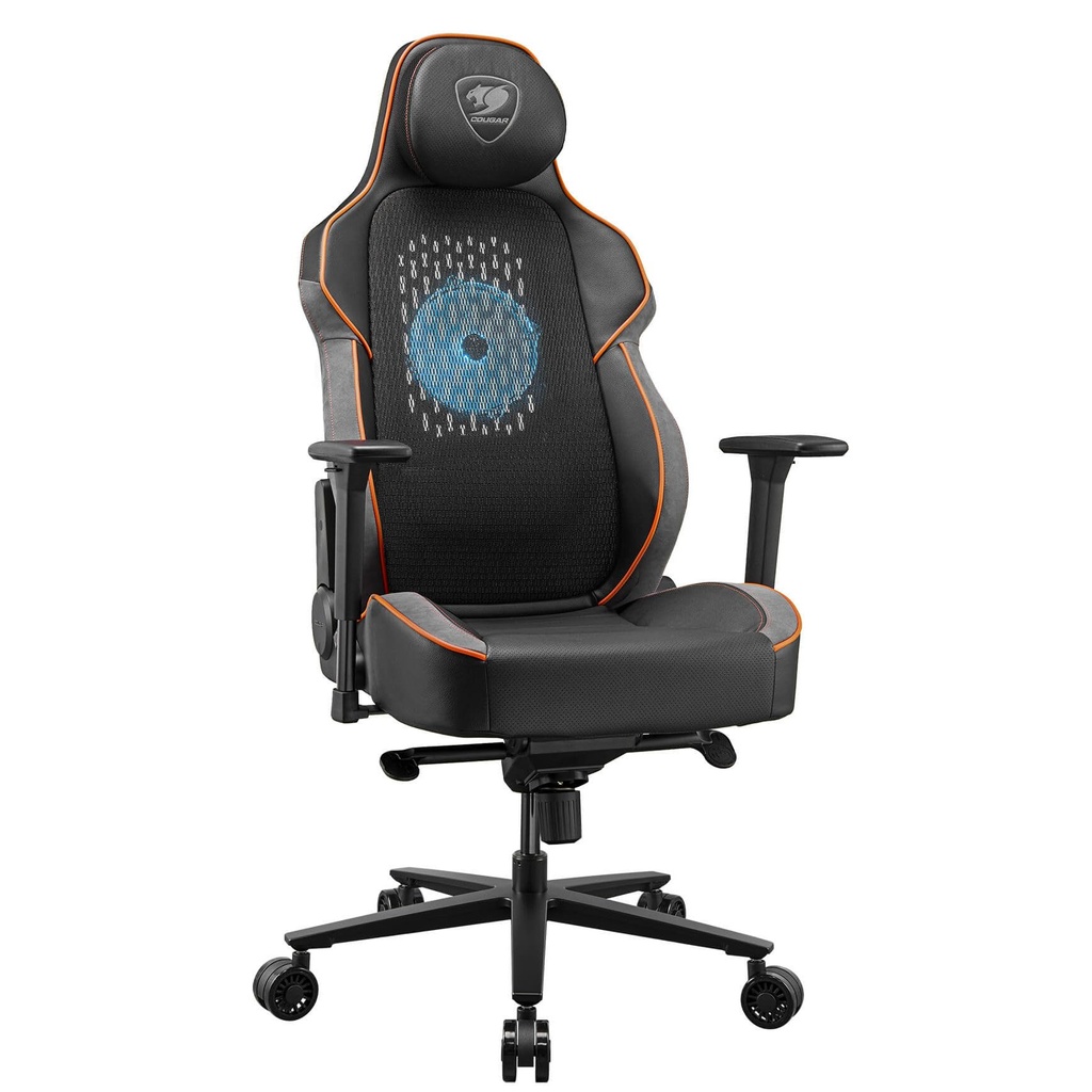 Cougar NxSys Aero Gaming Chair, Integrated RGB Fan, Premium PVC Leather, Adjustable 3D Armrests, Elastomeric Mesh, Durable Steel Frame, 3" Wheels, 160kg Max Weight - Black and Orange CG-CHAIR-NXSYS-AERO-ORG