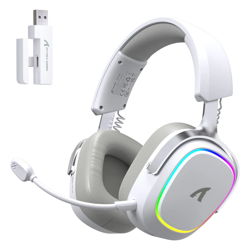 ATTACK SHARK G800 Wireless Gaming Headset (WHITE), 1000 mAh, Detachable Mics, Aluminum alloy frame, 3D Surround Sound, 20ms low latency, 50mm Drivers,3 Modes (2.4G/Bluetooth/Wired) for PC/PS/Phone