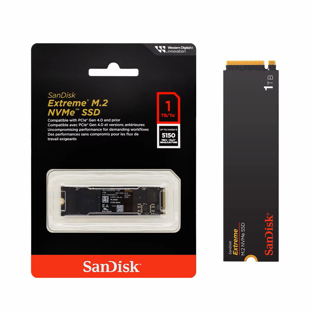 USED 1TB M.2 NVMe SSD 2280 SanDisk Extreme PCIe Gen 4 Up to 5150 MB/s Read, nCache Technologie