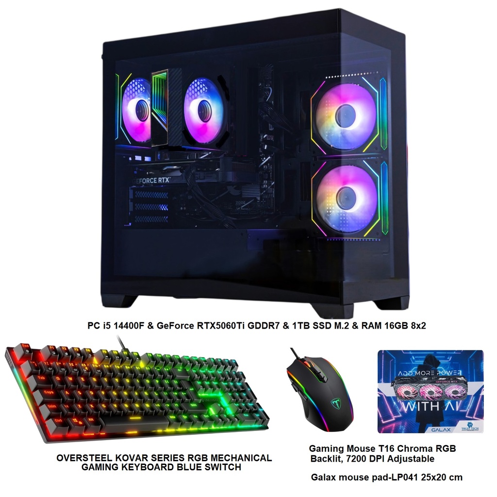 PC Build i5 14400F & GeForce RTX5060Ti GDDR7 + OVERSTEEL MECHANICAL GAMING KEYBOARD + Gaming Mouse T16 RGB 7200 DPI Adjustable + Galax mouse pad