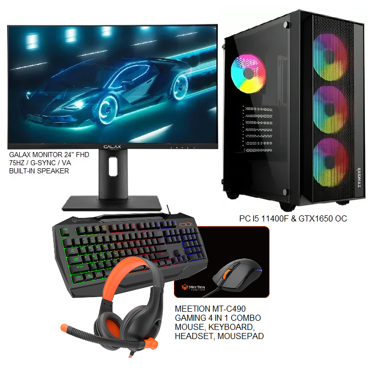 GAMING PC BUNDLE (PC I5 11400F & GTX1650 OC + GALAX MONITOR 24 75HZ + GAMING KEYBOARD + GAMING MOUSE + HEADSET + MOUSEPAD)