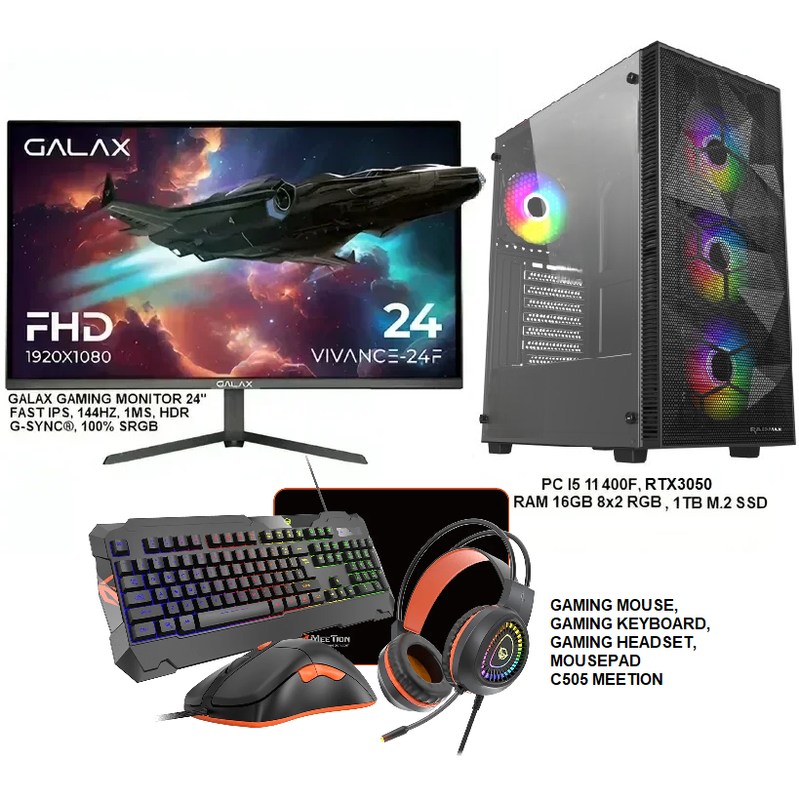GAMING PC BUNDLE (PC I5 11400F & RTX3050 GDDR6 + MONITOR GALAX 24" 144HZ/170(OC) 1MS IPS +GAMING KEYBOARD + GAMING MOUSE + HEADSET + MOUSEPAD))