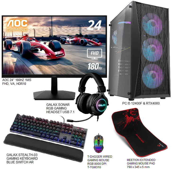 GAMING PC BUNDLE (I5 12400F & RTX4060 GDDR6 + AOC 24" 180HZ 1MS IPS + GALAX STEALTH-03 GAMING KEYBOARD + REDRAGON M987-K REAPING MOUSE RGB 72000 DPI + GALAX HEADSET 7.1 CHANNEL RGB + MOUSEPAD MEETION )