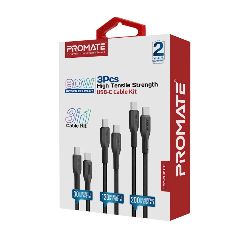Promate CableKit-CC 3Pcs High Tensile Strength Data & Charge USB-C Cable kit 60W cablekit.cc