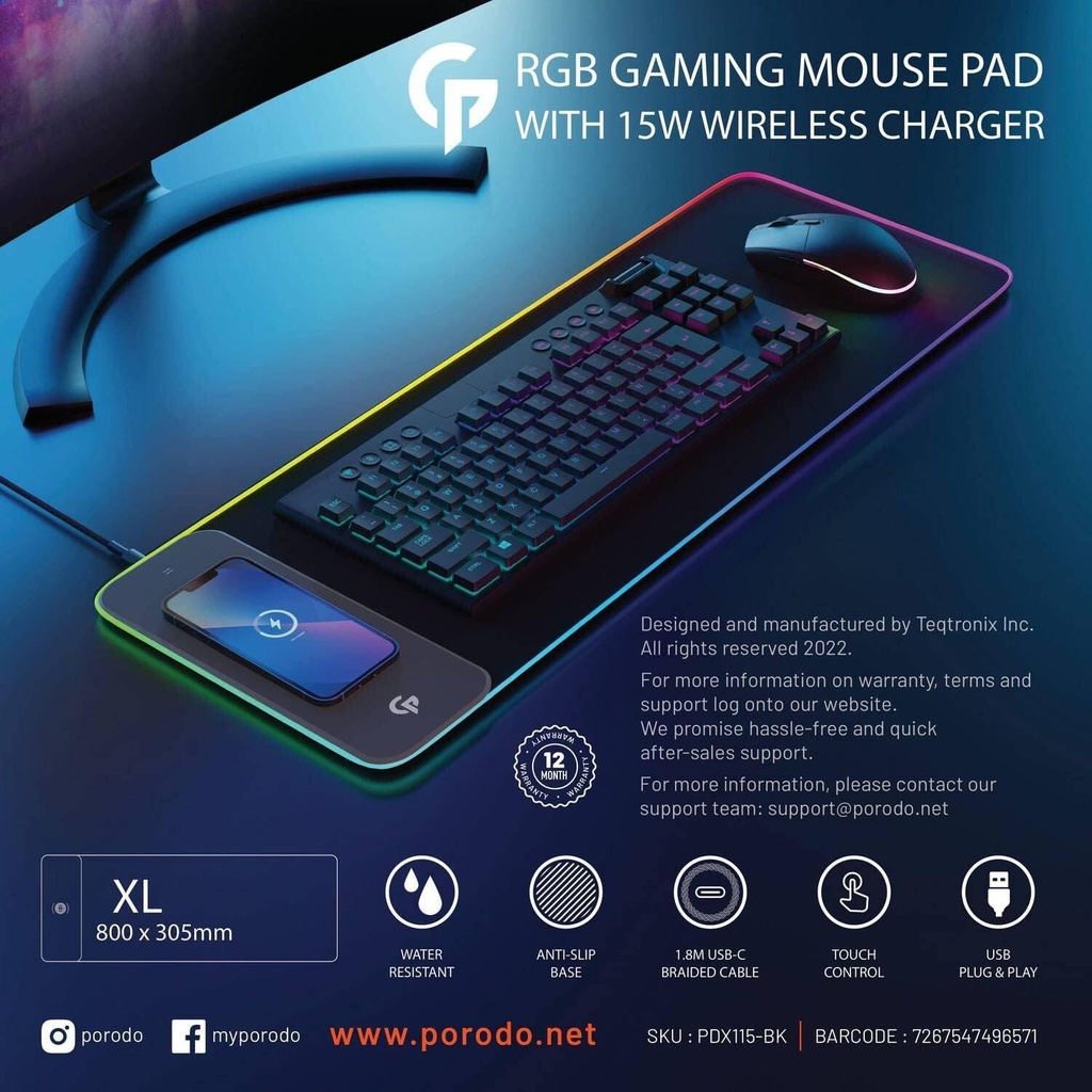 (PDX115-BK) Porodo Gaming RGB MousePad with 15W Wireless Charger - Black