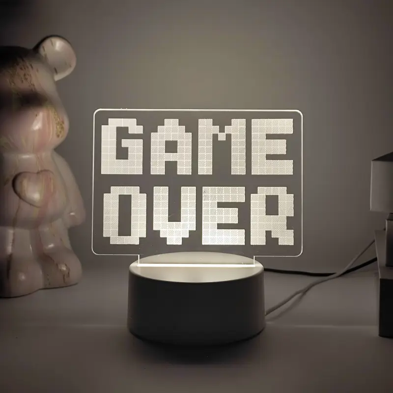 Game Over 3D Night Light "GG" Desktop  Atmosphere Lamp for Bedroom Gaming Room, USB Interface, Touch-Sensitive, Seven-Color Changing Light - WARM LIGHT 