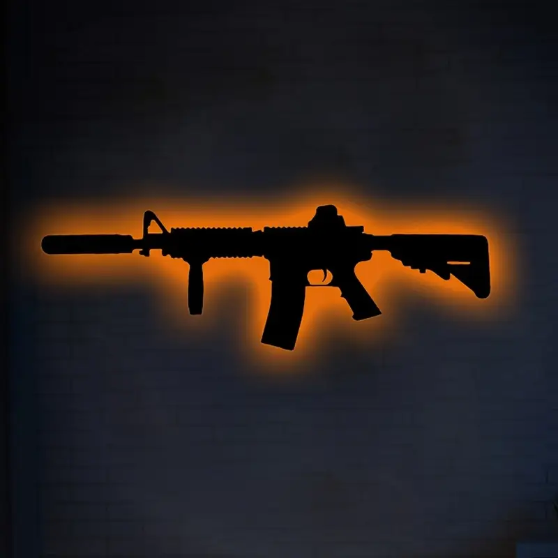 USB-Powered Neon Gun Silhouette Wall Light - Adjustable Brightness, Game Over Sign for Gaming Room Decor, Ideal Birthday Gift for Gamers, Easy-to-Install, No  Battery Needed - APP CONTROLLER