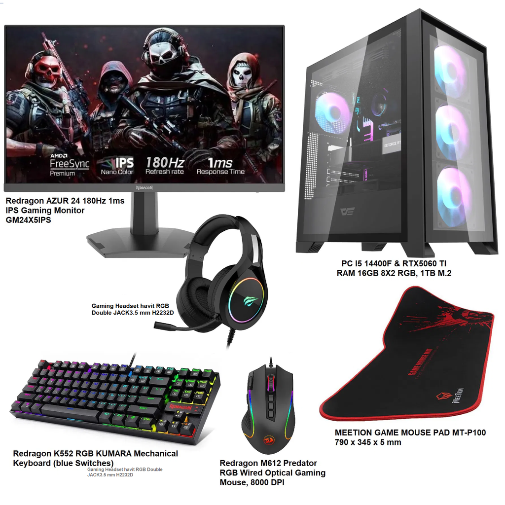 Gaming setup (PC I5 14400F & GeForce RTX 5060 Ti GDDR7) + MONITOR Redragon 24" 180HZ 1MS IPS + REDRAGON K552 Mechanical KEYBOARD + GAMING MOUSE Redragon 8000 DPI + Gaming headset Redragon H350 7.1 + MOUSEPAD Large Size 
