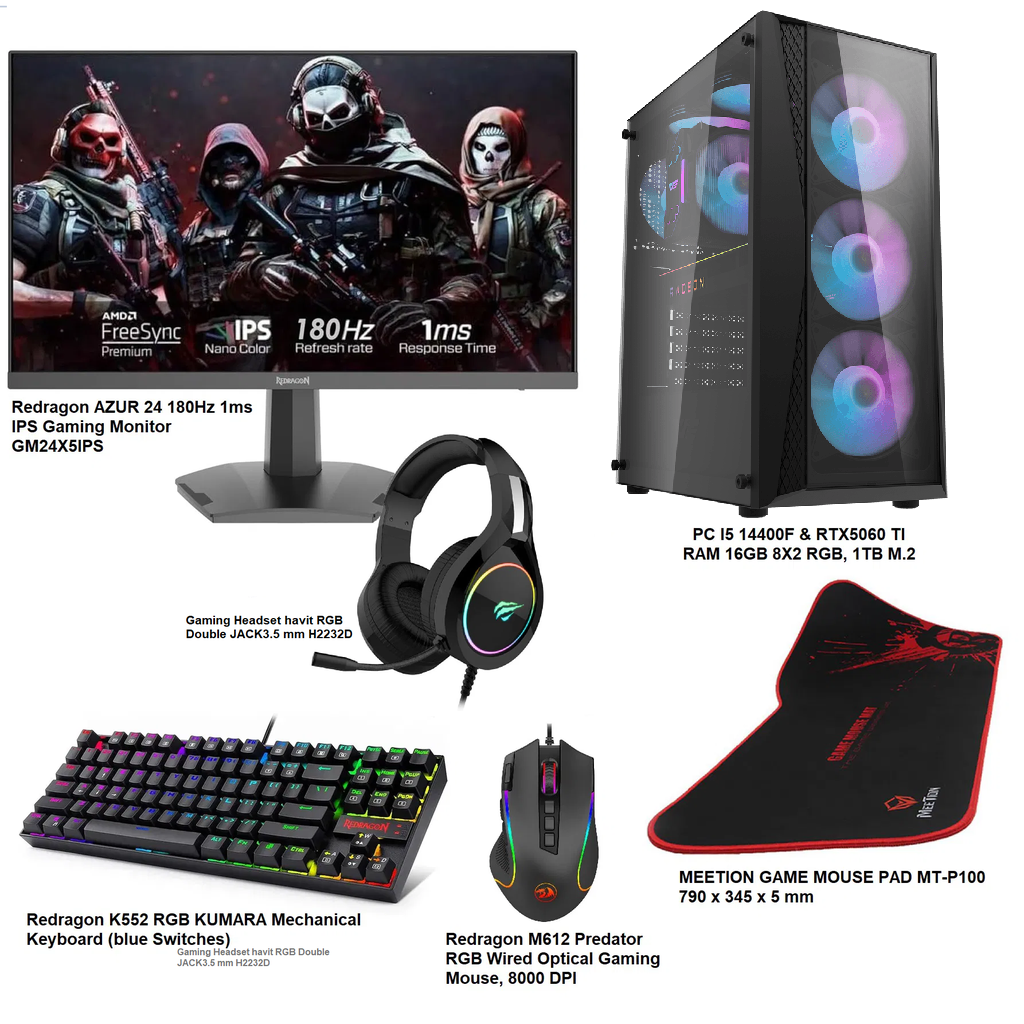 Gaming setup (PC I5 14400F & GeForce RTX 5060 Ti GDDR7) + MONITOR Redragon 24" 180HZ 1MS IPS + REDRAGON K552 Mechanical KEYBOARD + GAMING MOUSE Redragon 8000 DPI + Gaming headset Redragon H350 7.1 + MOUSEPAD Large Size 
