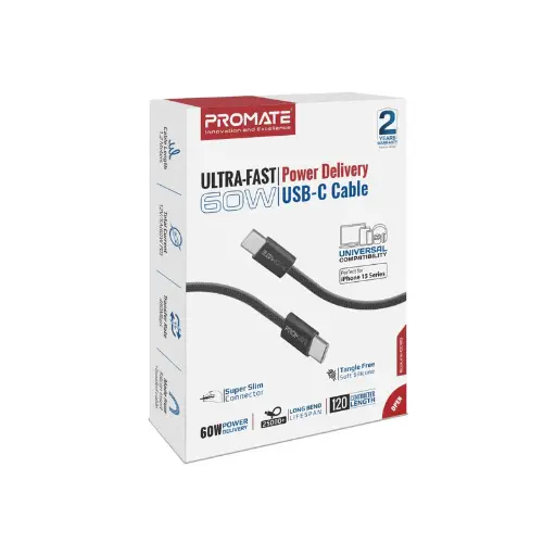 [GS1231] Promate USB-C to USB-C Cable with 60W PD ecoline-cc120.black
