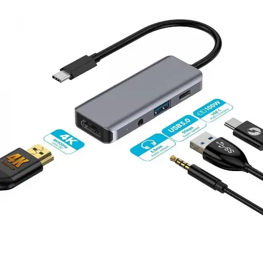 [GS1194] Porodo 4in1 USB-C Hub Type-C PD 100W HDMI USB 3.5mm Aux
