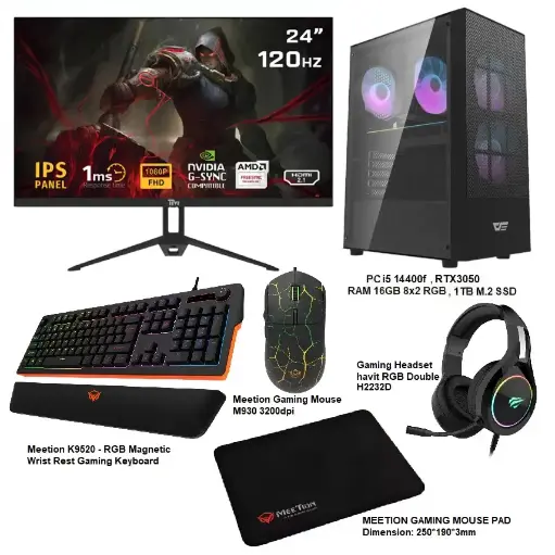 Gaming PC Bundle (PC I5 14400F & RTX3050 GDDR6 + MONITOR GALAX 24" 144HZ/170(OC) 1MS IPS +GAMING KEYBOARD + GAMING MOUSE + Gaming headset + MOUSEPAD)) 