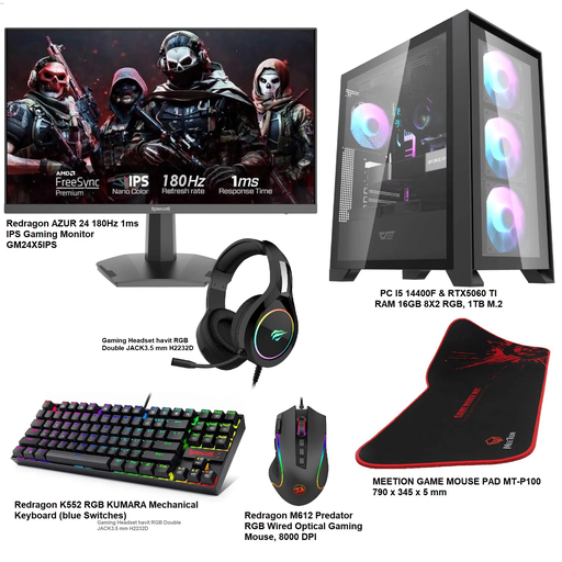 Gaming setup (PC I5 14400F & GeForce RTX 5060 Ti GDDR7) + MONITOR Redragon 24" 180HZ 1MS IPS + REDRAGON K552 Mechanical KEYBOARD + GAMING MOUSE Redragon 8000 DPI + Gaming headset Redragon H350 7.1 + MOUSEPAD Large Size 