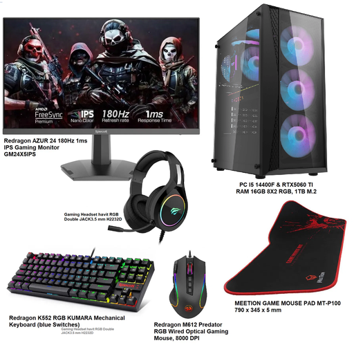 Gaming setup (PC I5 14400F & GeForce RTX 5060 Ti GDDR7) + MONITOR Redragon 24" 180HZ 1MS IPS + REDRAGON K552 Mechanical KEYBOARD + GAMING MOUSE Redragon 8000 DPI + Gaming headset Redragon H350 7.1 + MOUSEPAD Large Size 