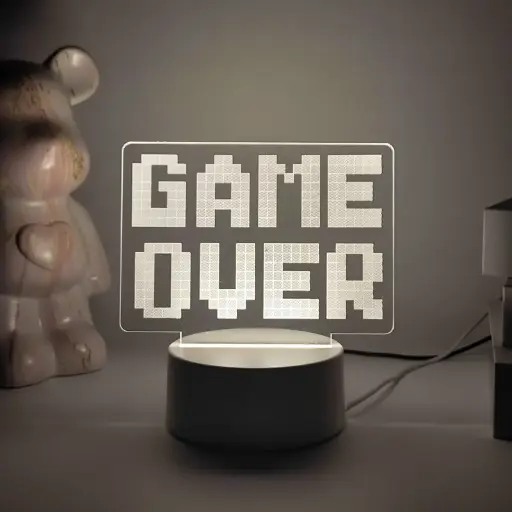 [HMD001] Game Over 3D Night Light "GG" Desktop  Atmosphere Lamp for Bedroom Gaming Room, USB Interface, Touch-Sensitive, Seven-Color Changing Light - WARM LIGHT 