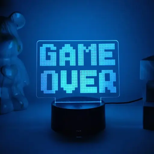 [HMD002] Game Over 3D Night Light "GG" Desktop Atmosphere Lamp for Bedroom Gaming Room, USB Interface, Touch-Sensitive, Seven-Color Changing Light - COLORFUL DIMMING