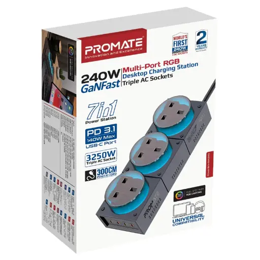 [GS2576] Promate 7-in-1 Multi-Port Charging Station, 240W GaNFast Power Extension with Three 3250W UK AC Sockets, PD140W USB-C&PD100W USB-C Ports, 2 PD30W USB-C Ports, 3m Cable, PowerBrix-GaN240 Black Titanium 