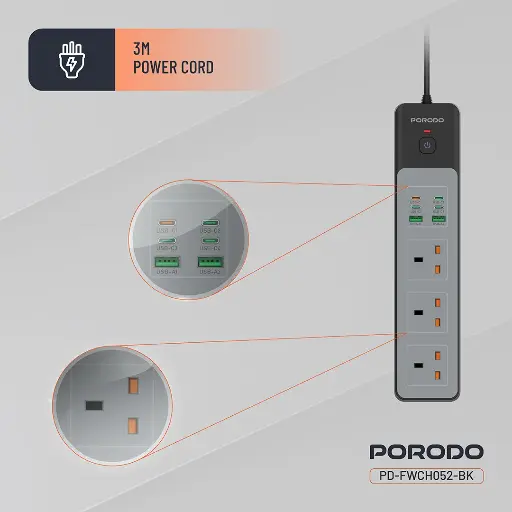 Porodo 3AC | 4 USB C 45W | 300W Power Strip - Black PD-FWCH052-BK