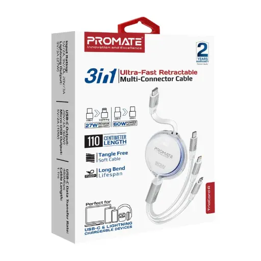 Promate 3-in-1 Ultra-Fast Retractable Multi-Connector Cable 