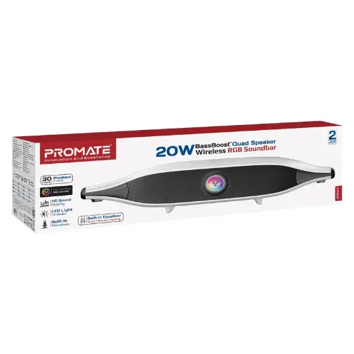 Promate 20W BassBoost™ Quad Speaker and Built-In Microphone Wireless RGB Soundbar Delta-X WHITE