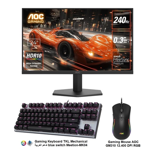 AOC Monitor 240HZ 0.3MS IPS + Gaming Keyboard Mechanical blue switch RGB + AOC Gaming Mouse 12400 DPI RGB