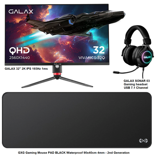 عرض اليوم الوطني ( GALAX 32" 2K IPS 165Hz 1ms VIVANCE-32Q + GALAX SONAR-03 Gaming headset USB 7.1 Channel RGB + GXG Gaming Mouse PAD BLACK Waterproof 90x40cm 4mm - 2nd Generation )