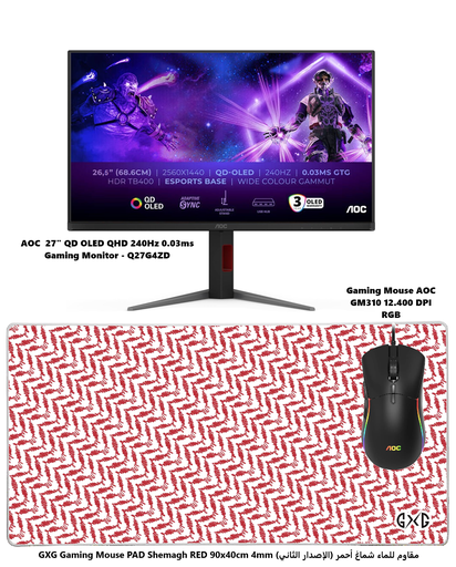 AOC 27" OLED QHD 240Hz 0.03ms & Gaming Mouse AOC 12000 DPI & GXG Gaming Mouse PAD Shemagh RED