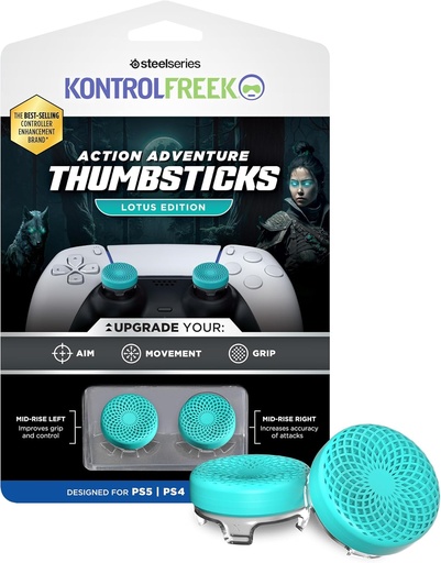 KontrolFreek Lotus for Playstation 5, PS5 and Playstation 4, PS4, Performance Thumbsticks, 2 Mid-Rise Concave, Teal/Clear 