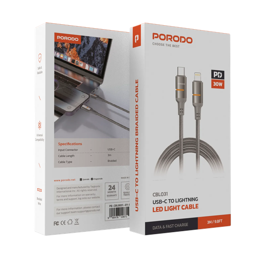 Porodo 30w Type-C To Lightning Braided Cable 3m - Grey-CBL031