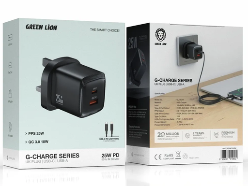 Green Lion Wall Charger Pd+Qc Signal Channel 25W Tc-Iph Cable 1M - Black
