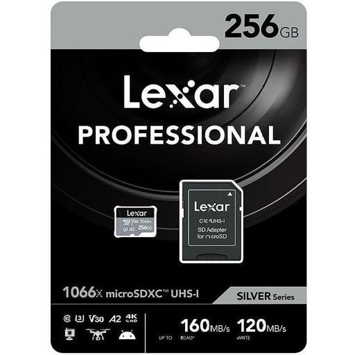 Lexar 256GB Professional 1066x Micro SDXC Silver Series UHS-I Memory Card with SD Adaptor 160MBPS, LMS1066256G