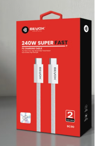 BEYOX BC90 240W Super Fast PD Charging Cable – 2 Meter Type-C to Type-C, White