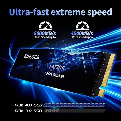 USED Ediloca EN705 SSD 2TB PCIe Gen4, NVMe M.2 2280, 3D NAND TLC, Up to 5000MB/s, Internal Solid State Drive, Dynamic SLC Cache, Compatible with PS5、Laptops and PC Desktops