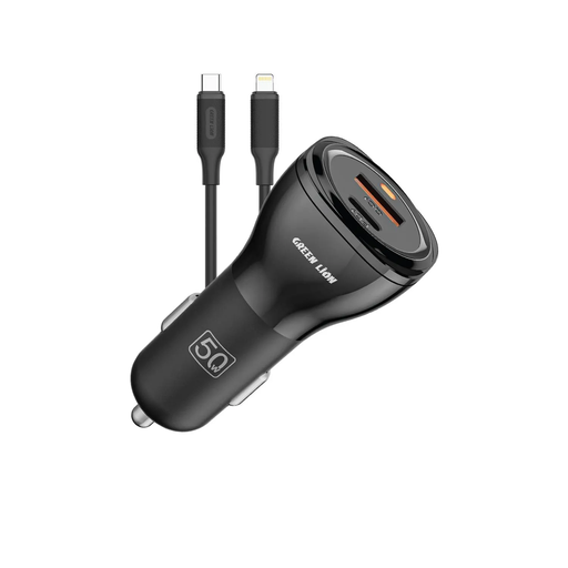 {GNCC50TC2TCBK} Green Lion Dual Port Car Charger 50W (PD 30W + QC 20W) USB-C to USB-C Cable 1M - Black